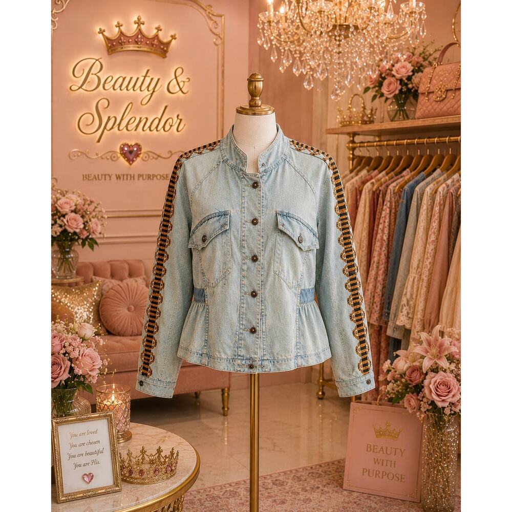 Free People Women’s Denim Jacket XS Peplum Printed Trim Button Front Boho Blue - Picture 2 of 5